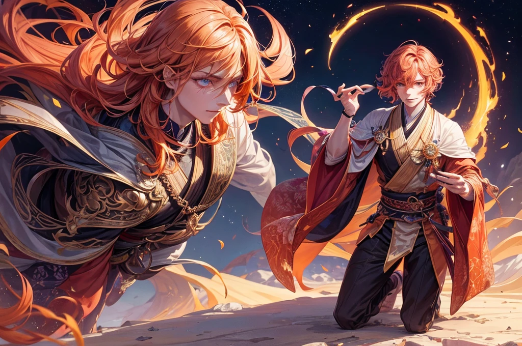 Young man, effeminate face, wizard, shapeshifter, short wavy orange hair, freckles, fluorescent violet eyes, Japanese , oriental, desert, marble castle, detailed face, detailed hair, full body, flower.