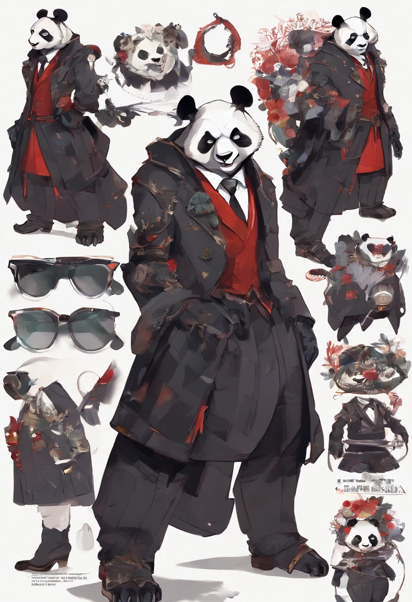 anthropomorphic panda, de cuerpo entero, vestido formalmente con un blazer, sostiene una bandeja, pegatina de panda, sticker de panda.