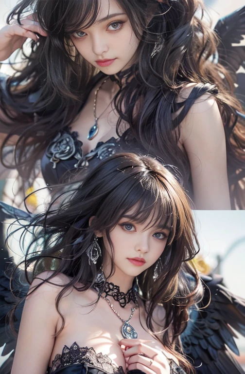 (masterpiece:1.3), (8k, Photorealistic, Raw photo, Best image quality: 1.4), Fair-skinned fairy woman、long Hair blowing、Hair flowing in the wind、Cleavage:2.0、Super detailed face、Attention to detail、double eyelid、Put your chest together、Sharp focus:1.2、Beautiful woman:1.4、 brunette hair、highest quality、masterpiece、超A high resolution、(Photorealistic:1.4)、Highly detailed and professionally lit smile, gothic costume、dark street ,Shoulder out、thin、Serious expression、black Goth Fashion：1.2 , Short-haired、Deadly position, gorgeous necklace , one person、whole body, Enormous black angel wings from the latissimus dorsi、rainy , yellow eye、2 hands, perfect fingers.