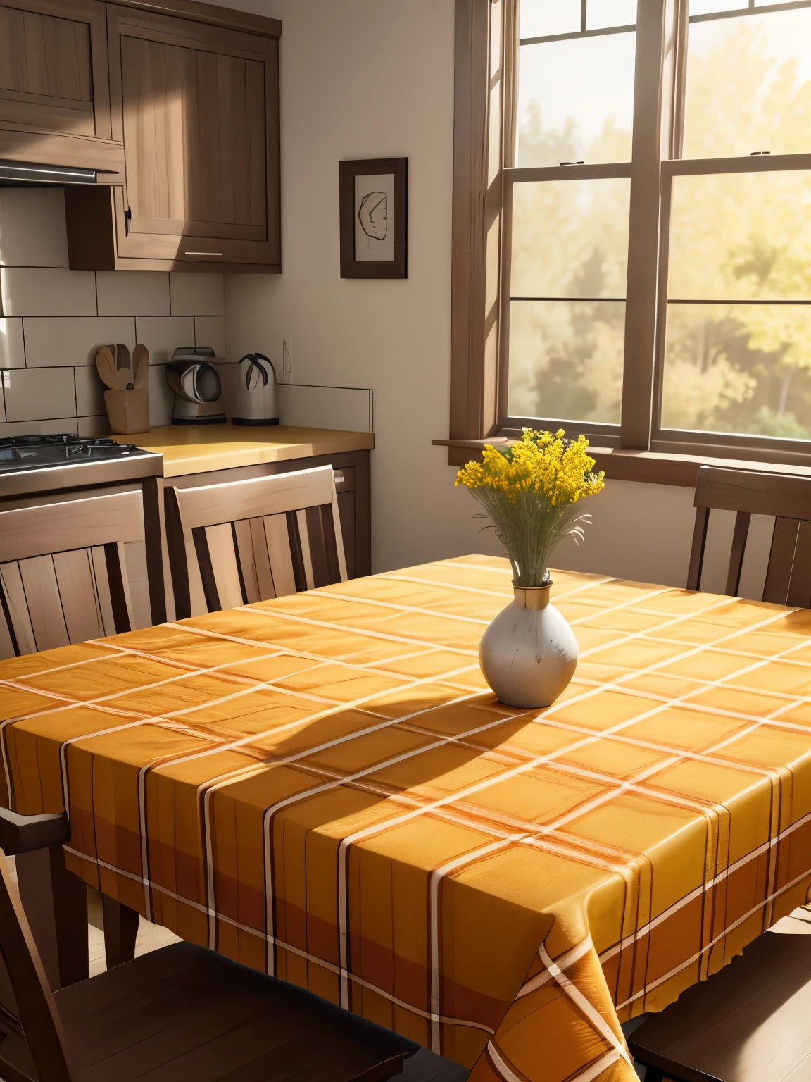 a empty kitchen table with plaid tablecloth, yellow and red color palette, hyper-realistic, ultra definition, best quality, HD 8K