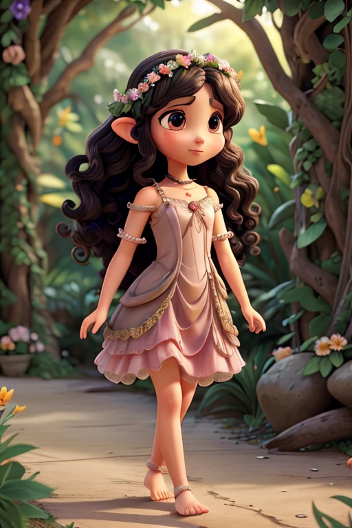 fairy, 12 years old, with large wings in earthy tones decorated with flowers and butterflies, discreet pointed elf ears, long black curly hair adorned with a flower crown giving a romantic air, long pink dress and flowing earthy tones with bare collarbone shoulders, flowers and leaves decorating every dress, barefoot, ropes and flowers decorating ankle and arm, black eyes, perfect dark skin, realistic, long eyelashes, mesmerizing beauty, alone in the scene, full body, walking, looking forward, white background, 8k