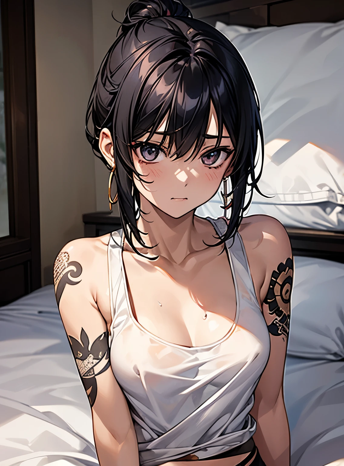(Hands folded behind your back)、Beautiful breasts、Black Hair、Attractive breasts、Beautiful and attractive anime woman, Enchanting anime girl,Slippery、black eye、beautiful girl、、Quiet、Inconspicuous、Exposed locally.、White see-through tank top、Big Breasts、Stay in the house、Underwear is visible、Underwear is biting into、Small underwear、Shaved、Wet Skin、bed、(On the arm)Tattoo、(For the whole body)Tattoo、(On the neck)Tattoo、Nipples、large hoop earrings、(On the legs)Tattoo、(On my back)Tattoo、(On the stomach)Tattoo、Short Bob、Provocative、Looking up from below