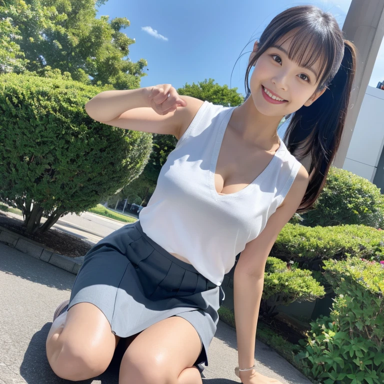 ### Photo
- High-resolution
- Realistic photo
- Snapshot of natural appearance
### Shooting Angle
- Low front angle from the ground
- Wide shot that includes the full body
### Person
- Female
- Japanese
- kawii University Student
- 20 years old
- Youthful
- Lively
- Healthy and Beautiful Skin
- innocent-Cute
- Pure
### Pose
- Dainty and bold step
- showcasing beautiful inner-thighs
- right knee on the ground and left knee up
- wearing High-thigh skirt
- Bending deeply forward
### Outfit
- a sleeveless white bold top
- naturally accentuates the line of the upper chest with its V-neck design
- tattered and torn
- High-thigh bold skirt
- Exposing most of the high-thighs
- tattered and torn
### Hairstyle
- Half-ponytail
### Expression
- Bright
- girlish
- Toothy smile