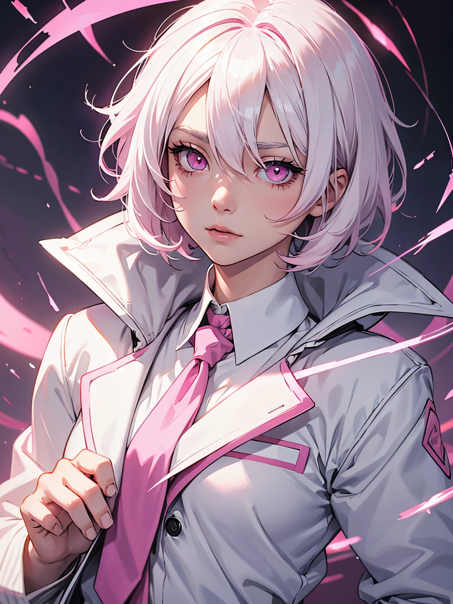 White hair. Short hair. Inner pink hair. Anime girl. Pink eyes. Glowing eyes. Nekomimi. White clothes. Black coat. Pink tie. Bandage hand. 