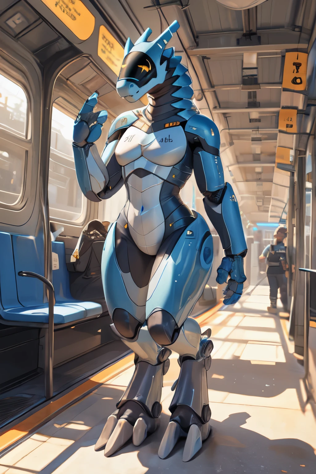 (synth \(vader-san\):1.1), synthbod, full-length portrait, front view, standing, smile, in train, train, (glistening body:1.1), blue body, (blue body:1.1), orange eyes, metallic body, reflective body, 4 fingers, best quality, good quality