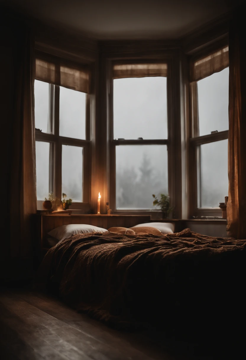 Bed in dark room window curtain rainy night peace blanket cold whether fire in fireplace