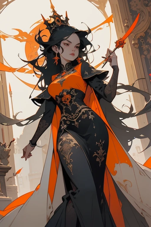 La reina en la corona、traje naranja, llama naranja、grande lua ao fundo haz una espada plateada y dorada con una corona dorada en la parte superior, vestido largo mujer, emaciated orange afternoon Vestido, Traje formal, Vestido, vestido sofisticado, usando un vestido formal, vestido elegante, vestido, escote, Vestido amarillo transparente, vestido elegante, usando un vestido de princesa, Ropa formal, Ropa de pecho en V abierta, wearing an vestido elegante, extra curly long hair, epic composition, red big eyes