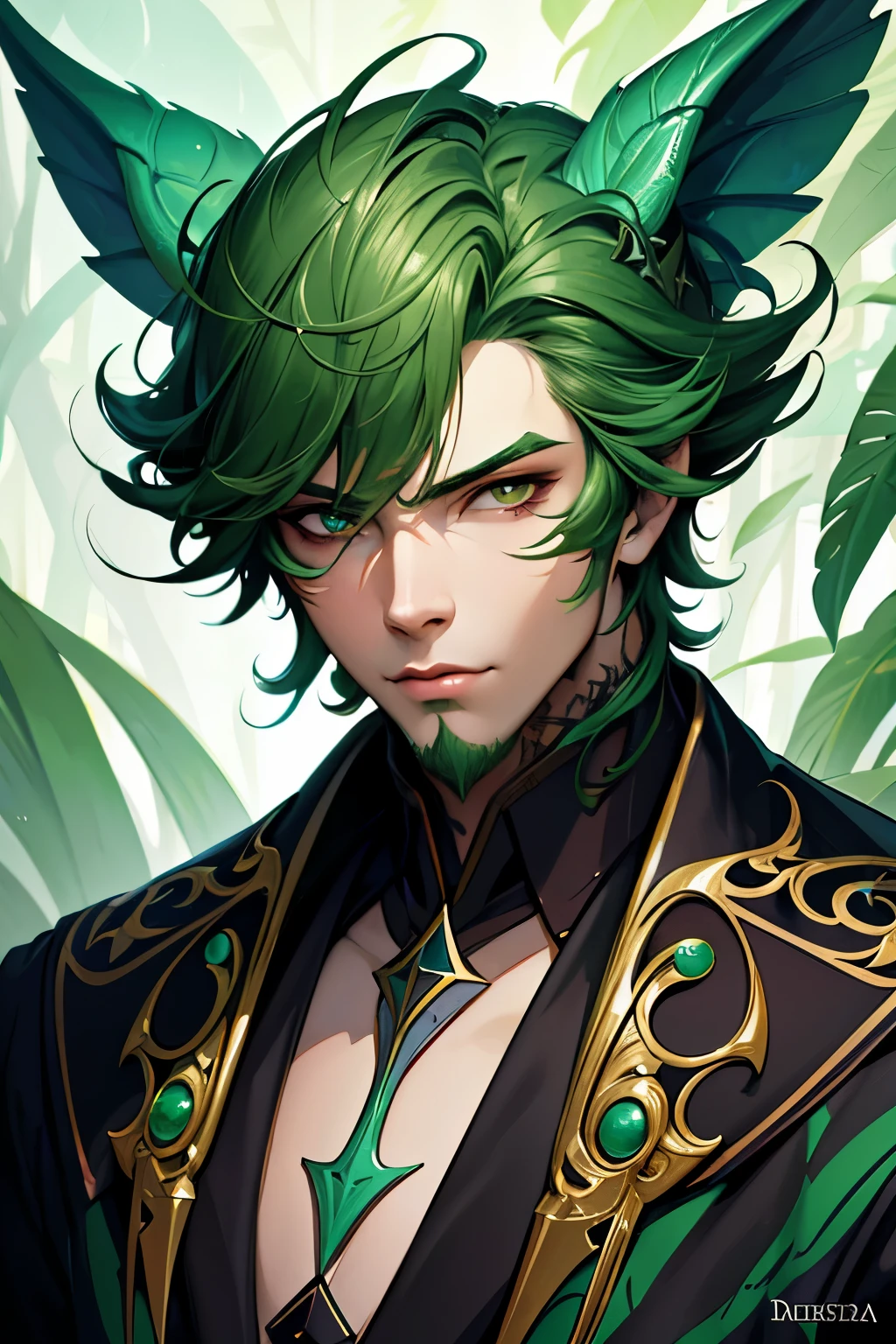 character, high resolution, digital art by loish + rossdraws + artgem + sandara, brush strokes, painterly, impressionist style, dorse, face, artistic, homen, demon, natureza, folhas, verde, verde escuro, plantas