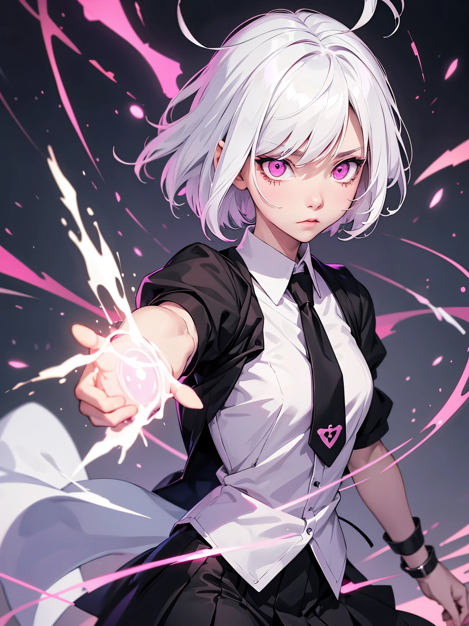 White hair. Short hair. Anime girl. Pink eyes. Glowing eyes. Nekomimi. Black and white clothes. Pink tie. Bandage in elbow. 