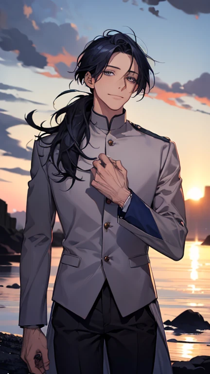 (highest quality,High resolution,masterpiece:1.2),Abstract,Masculine,Navy Blue Hair,Loose low ponytail,Tie your hair at the nape,Dark blue eyes,coat,skinny pants,Dark blue gaze,Calm,quiet,A kind smile,Coast at dawn,