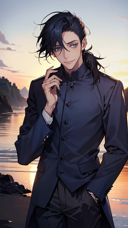 (highest quality,High resolution,masterpiece:1.2),Abstract,Masculine,Navy Blue Hair,Loose low ponytail,Tie your hair at the nape,Dark blue eyes,coat,skinny pants,Dark blue gaze,Calm,quiet,A kind smile,Coast at dawn,