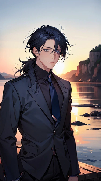 (highest quality,High resolution,masterpiece:1.2),Abstract,Masculine,Navy Blue Hair,Loose low ponytail,Tie your hair at the nape,Dark blue eyes,coat,skinny pants,Dark blue gaze,Calm,quiet,A kind smile,Coast at dawn,