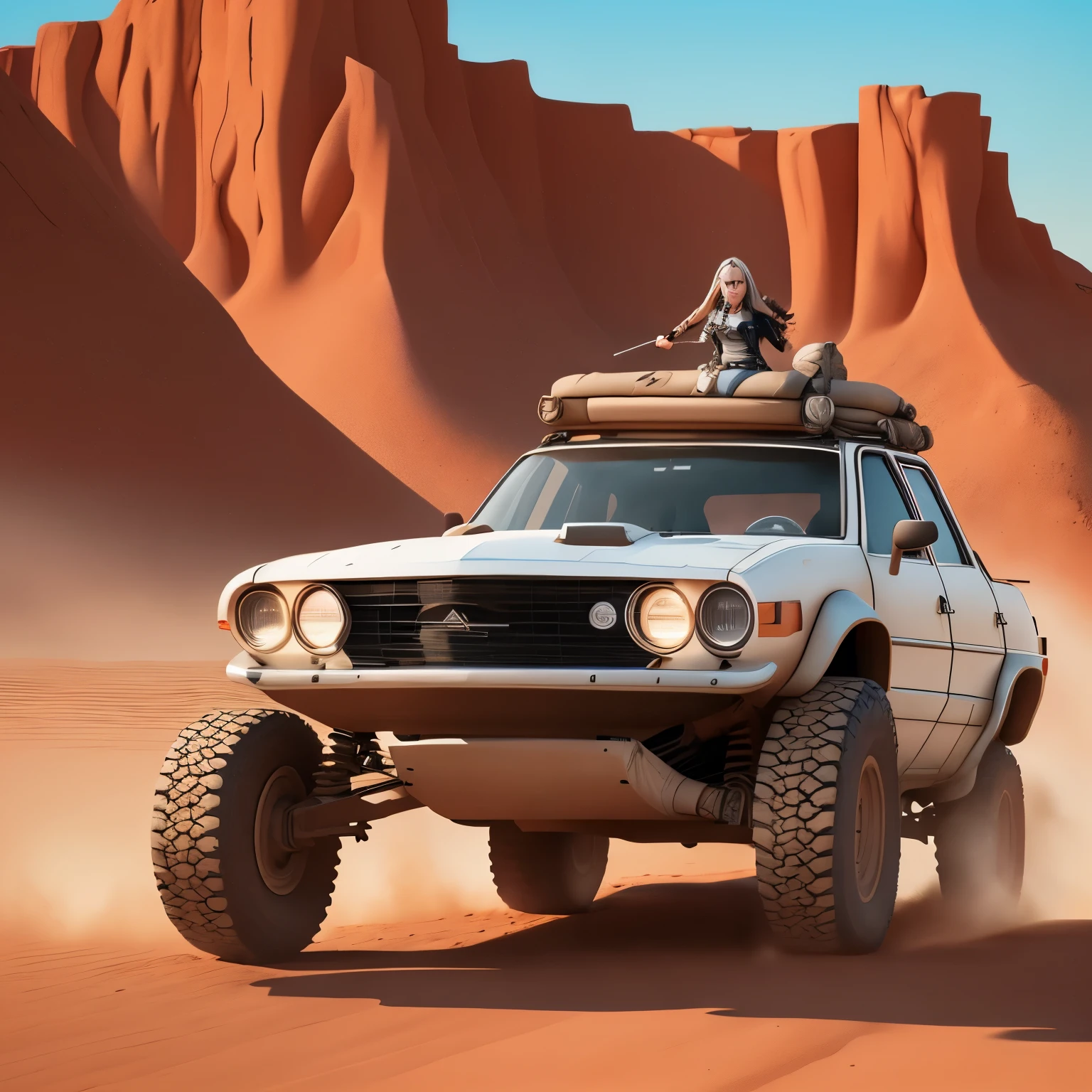 Com uma garota nervosa, estilo madmax, in a surfing position on the bonnet of an off-road vehicle, futurista, Pintura reflexiva, Estilo Madmax, apocalipse, carroceria enferrujada, long front hood, Vidros transparente, rodas grandes e brilhantes, Ultra realista, 8k, em um deserto de canyons, dia, fechar.