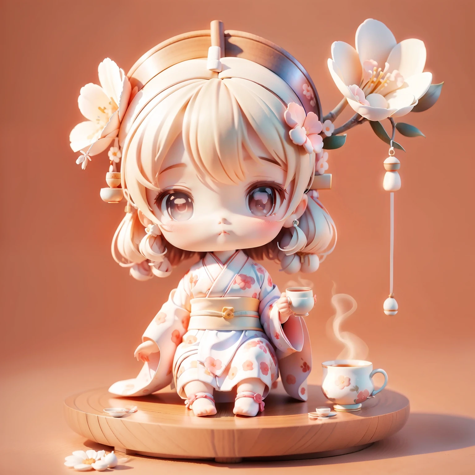 Sitting Cute Chibi  Anime、Wear a kimono with a floral pattern、drinking a cup of tea