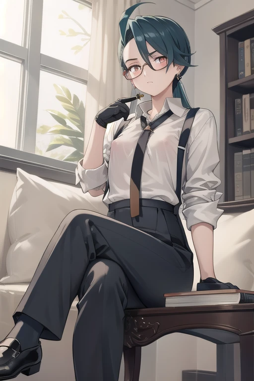 masterpiece,highest quality,One girl,like,White Eyes,jewelry,Earrings,eyelash,Flat Chest,tie,black tie,shirt,collared shirt,grey shirt,suspenders,Black gloves,Black trousers,shoes,Tomboy,good looking,Glasses,Expressionless,Sitting,(read,Book),Crossing your legs,indoor,Erect nipples