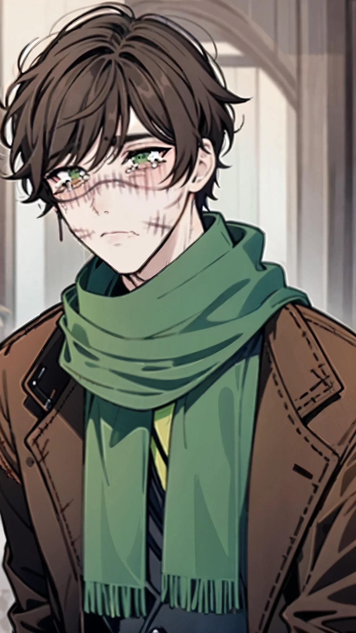 short brown hair, man with scarred face, stitches, striped scarf, green shirt, brown coat, black pants, boots, frown, crying, close up
