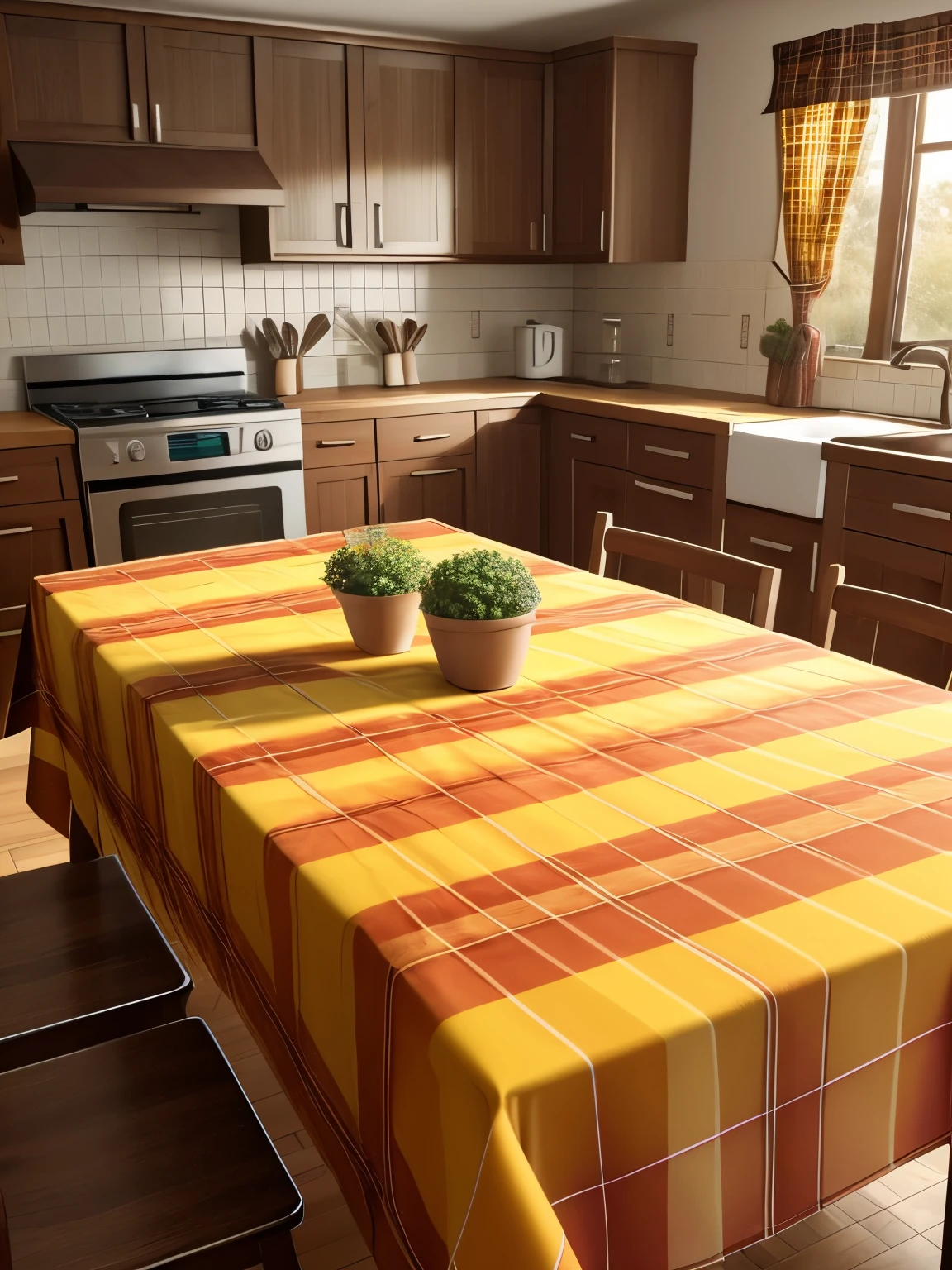 a empty kitchen table with plaid tablecloth, yellow and red color palette, hyper-realistic, ultra definition, best quality, HD 8K