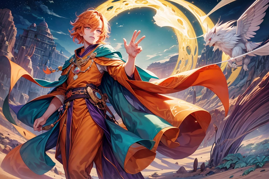 Young man, effeminate face, wizard, shapeshifter, short wavy orange hair, freckles, fluorescent violet eyes, Japanese , oriental, desert, marble castle, detailed face, detailed hair, full body, desert greenery, desert plant, wind, magic wand, Arabic quoted.