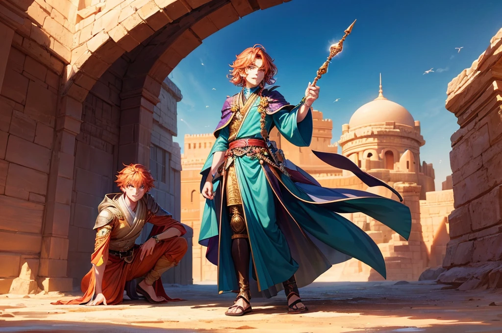 Young man, effeminate face, wizard, shapeshifter, short wavy orange hair, freckles, fluorescent violet eyes, Japanese , oriental, desert, marble castle, detailed face, detailed hair, full body, desert greenery, desert plant, wind, magic wand, Arabic quoted.