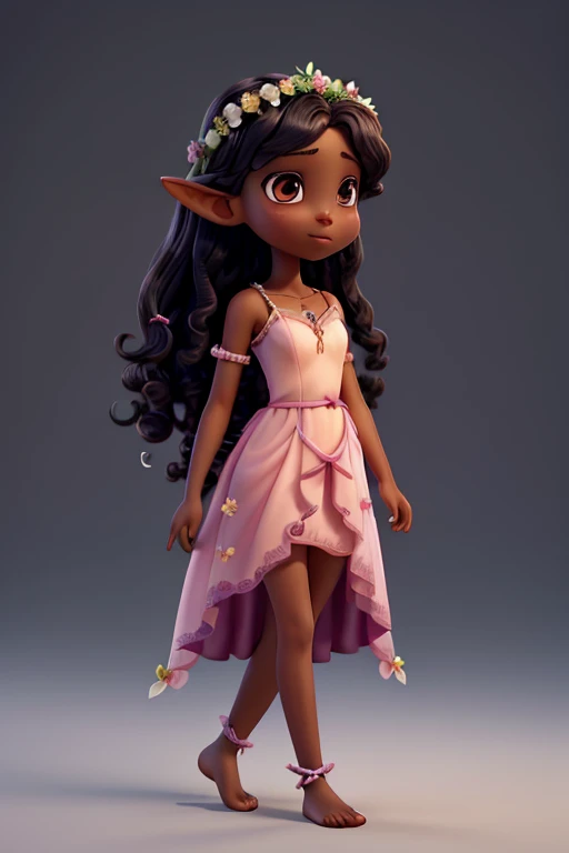fairy, 12 years old, with large prominent wings decorated with flowers and butterflies, discreet pointed elf ears, long black curly hair adorned with a flower crown giving a romantic air, long dress covering pink ankle with flowing brown details with bare collarbone shoulders, pink flowers and green leaves decorating all the dresses, barefoot, ropes and flowers decorating ankle and arm, black eyes, perfect dark skin, realistic, long eyelashes, mesmerizing beauty, alone in the scene, full body, walking, facing the camera, looking forward, white background, 8k