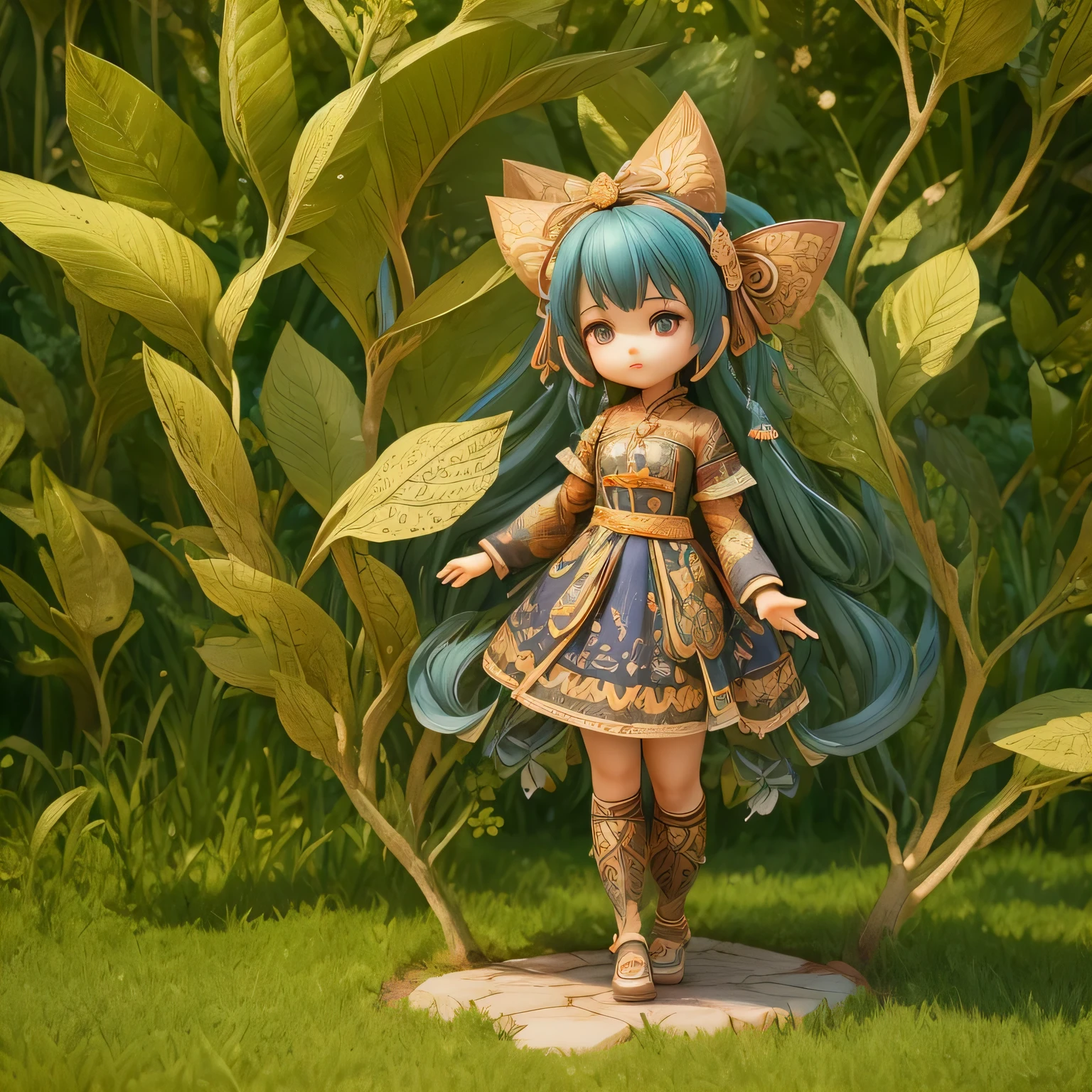 Cute girl  in brown long suit hybrida armor with ((batik Mega mendung pattern))，using black bow, Step on the green lawn beneath your feet, mountain，Like a fairy，Extremely cute，((updo navy hair)),full bodyesbian：2.1，Detailed rendering with 3D rendering techniques，Stylized representation of digital art。Render a cute 3D anime girl，Stylized presentation，A cute ceramic doll and a super detailed fantasy character appear at the same time，are rendered in stylized 3D renderings。Cute images of forest creatures and digital art will also appear，The background depicts the atmosphere of April