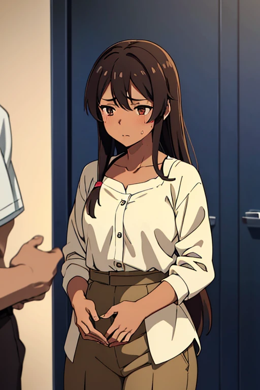 (masterpiece, high quality), brown skin anime girl wearing a button-up cami top and trousers, famished in hunger, (gently resting hands on stomach), (sweating), (long hair), (hands on her stomach)

