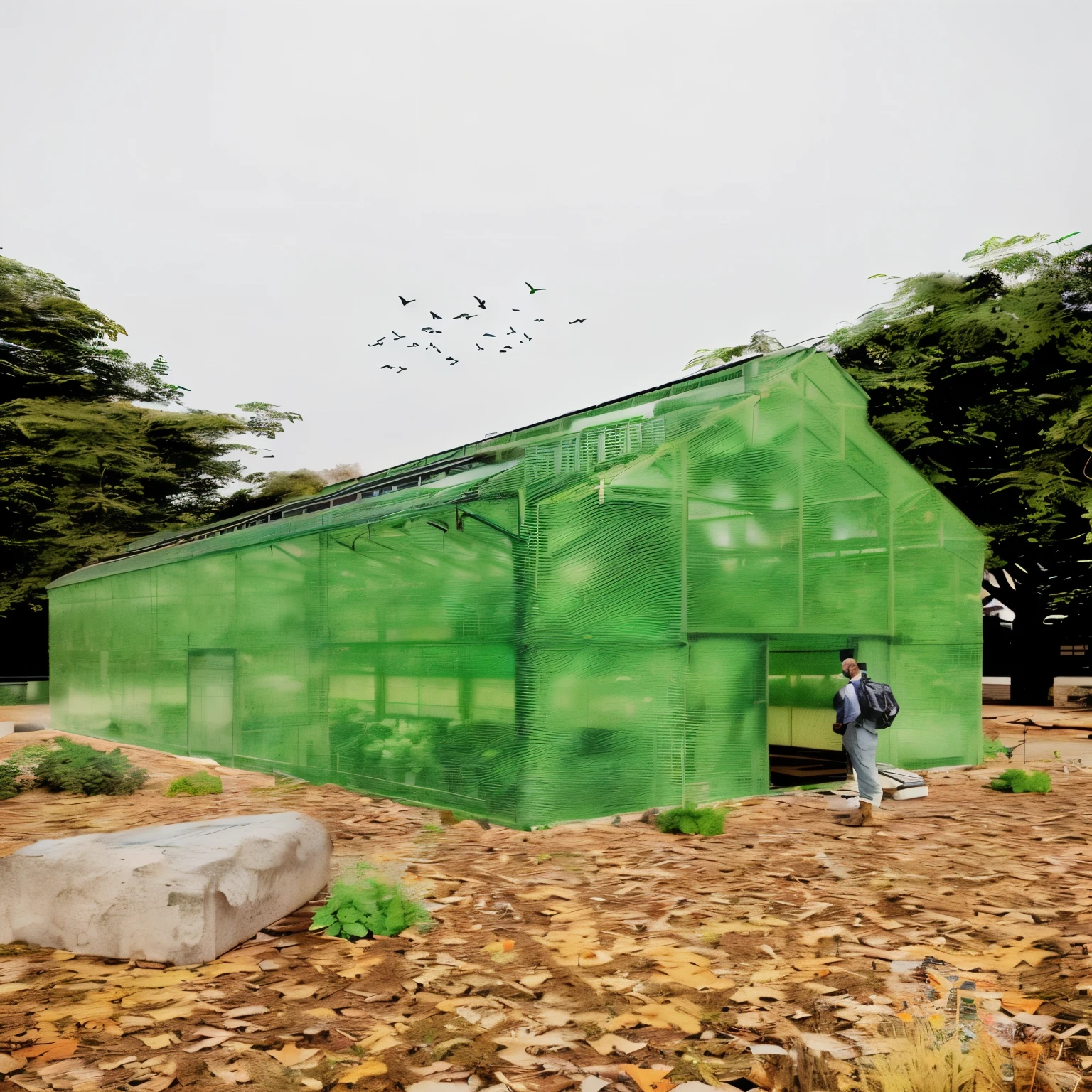 there is a man standing in a green building with a flock of birds flying overhead, green house, greenhouse, by João Artur da Silva, conceptual rendering, building cover with plant, photo render, greenhouse in the background, photographic render, highly rendered, with 3d render, with 3 d render, by Ramon Silva, rendering, realism”, a digital rendering