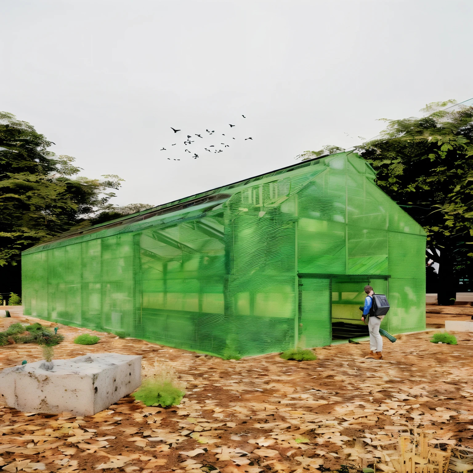 there is a man standing in a green building with a flock of birds flying overhead, green house, greenhouse, by João Artur da Silva, conceptual rendering, building cover with plant, photo render, greenhouse in the background, photographic render, highly rendered, with 3d render, with 3 d render, by Ramon Silva, rendering, realism”, a digital rendering