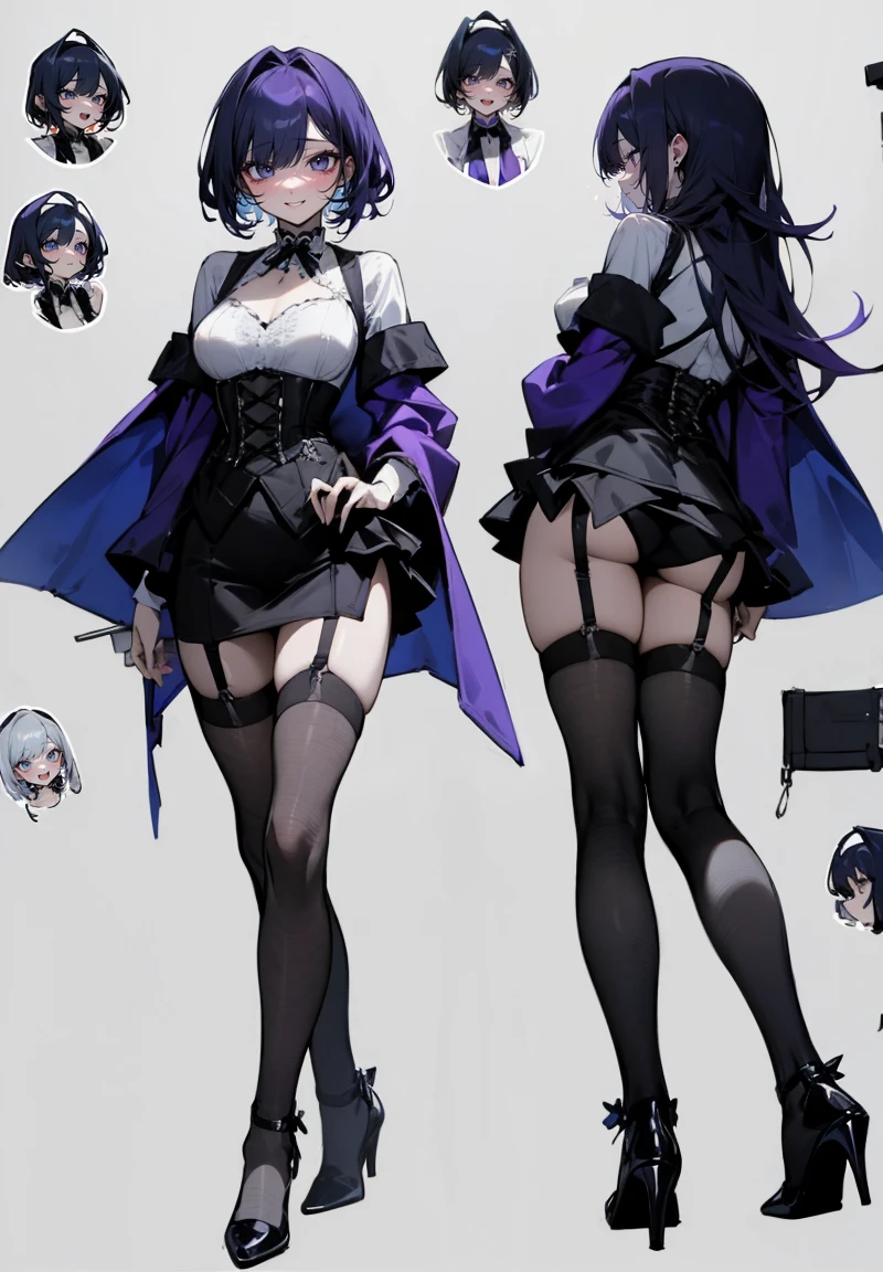 Purple Hair,Shortcuts,Adult female,(((bartender))),((Body Harness)),((Roll up your sleevesYshirt)),(corset),(Tight Skirt),((garter belt)),High heels,((Simple Background)),smile,((whole body)),((whole body)),Character Sheet,