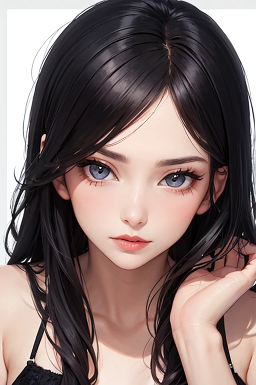 Introducing Seraphina, in beach. Has long black hair cascade gracefully, framing her face in a chic bang. Her skin, akin to porcelain, radiates a flawless complexion. She has a big , medium shot, 1:1



