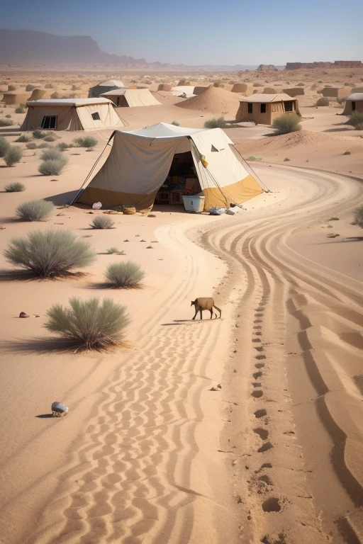 a gust of wind whips across the golden desert, sand swirling in a miniature dust devil. It clears to reveal a Bedouine encampment nestled amidst the dunes