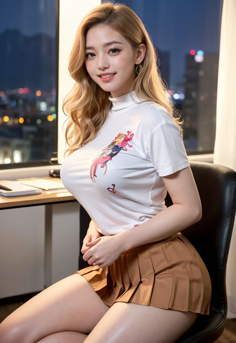 (((neat woman,Bright-eyed excitement,kind big smile,blush,blush,red cheek,please touch me,tempting viewer,i want you))),(kneeling,spread legs apart,lift her breast),((((blush,red cheek)))),(cinematic lighting), (Photo real:1.4)、(A hyper-realistic:1.4)、(Photorealistic:1.3)、 (gentle lighting: 1.05)、(Improve the lighting quality of your video:0.9)、 32k、25years old woman、photorealistic lighting、Back lighting、Facial Lights、Ray Trace、(bright:1.2)、(Increase quality:1.4)、 (best quality real texture skin)、Fair eyes,delicate face、 Close-up of the face, ((Wearing the very tight printed high-neck t-shirt, (no printed pleated skirt),high-heel),(Bodyline mood improvement:1.1)、Glossy skin、Korean Idol、Nogizaka Idol、good figure,perfect anatomy,Beautiful actress,(((beautiful large breasts,slender waist,slender hip,long slender legs,8heads tall))),(((8heads tall))),(((blonde wavy hair,curtain bangs))),(((in the beautiful modern office of library,super clean night view,in the night))),