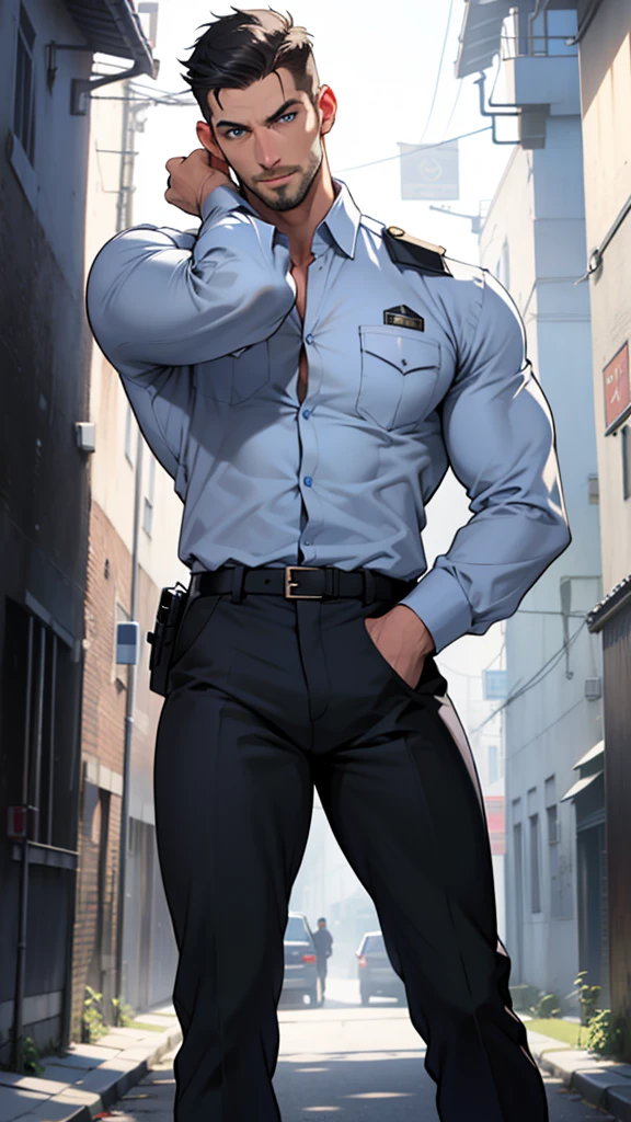 An tall alluring european man face, natural blue eyes, big feet, black socks, full body, a man in police uniform , long bulge, long legs, slim waist, looking at viewer, 30 years old, muscled and mature chest, short haircut, shirt button undone, blue eyes, flush, organism, confident face, sweating armtip, tight cloth.