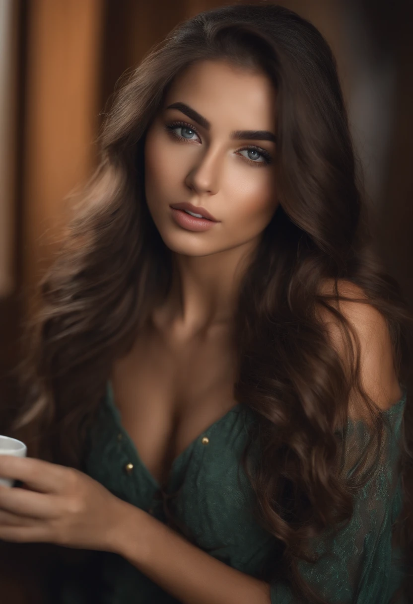 Arafed woman completely , fille sexy aux yeux bruns, ultra realist, Meticulously detailed, Portrait Sophie Mudd, cheveux bruns et grands yeux, selfie of a young woman, Dubai Eyes, Violet Myers, sans maquillage, maquillage naturel, looking straight at camera, Visage avec Artgram, Maquillage subtil, Great photo of the whole body drinking coffee in the room, Medium to large bust