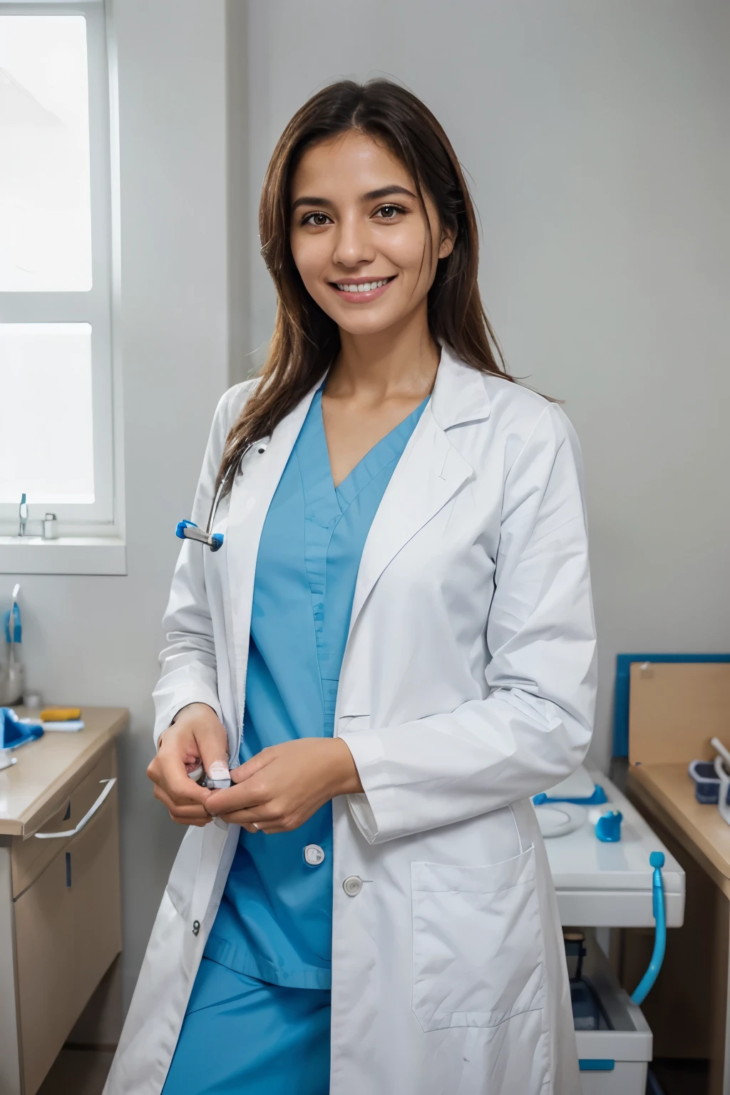 arafa woman in white coat and blue shirt holding dental instruments, Doutora, surgical supplies, medical Doutor, surgeon, dentista, medical photography, healthcare professional, surgical gown and lab coat, smiling and friendly, enfermagem, surgical equipment, clean medical environment, surgical equipment, (Doutora), surgical implements