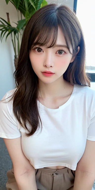 (highest quality、In 8K、Photorealistic:1.6、超A high resolution)、Surreal、1、24-years-old、Height 1.7m、Delicate face、Beautiful Japanese Model、(Makes your face smaller:1.4)、Brown eyes、Thick lips、Ultra-realistic faces、Slim fit、Gorgeous Long Hair、Beautiful wavy brown hair、((Small breasts;1.4))、(Narrow waist:1.2)、Thin legs、Long legs、Firm Hips、fashionable、(((White cropped T-shirt with a very short hem)))、(((Long Wide Slacks:1.4、Side slits to the groin)))、Accentuate your butt、Raise your knees、Near the sea、Bright terrace、Red underwear
