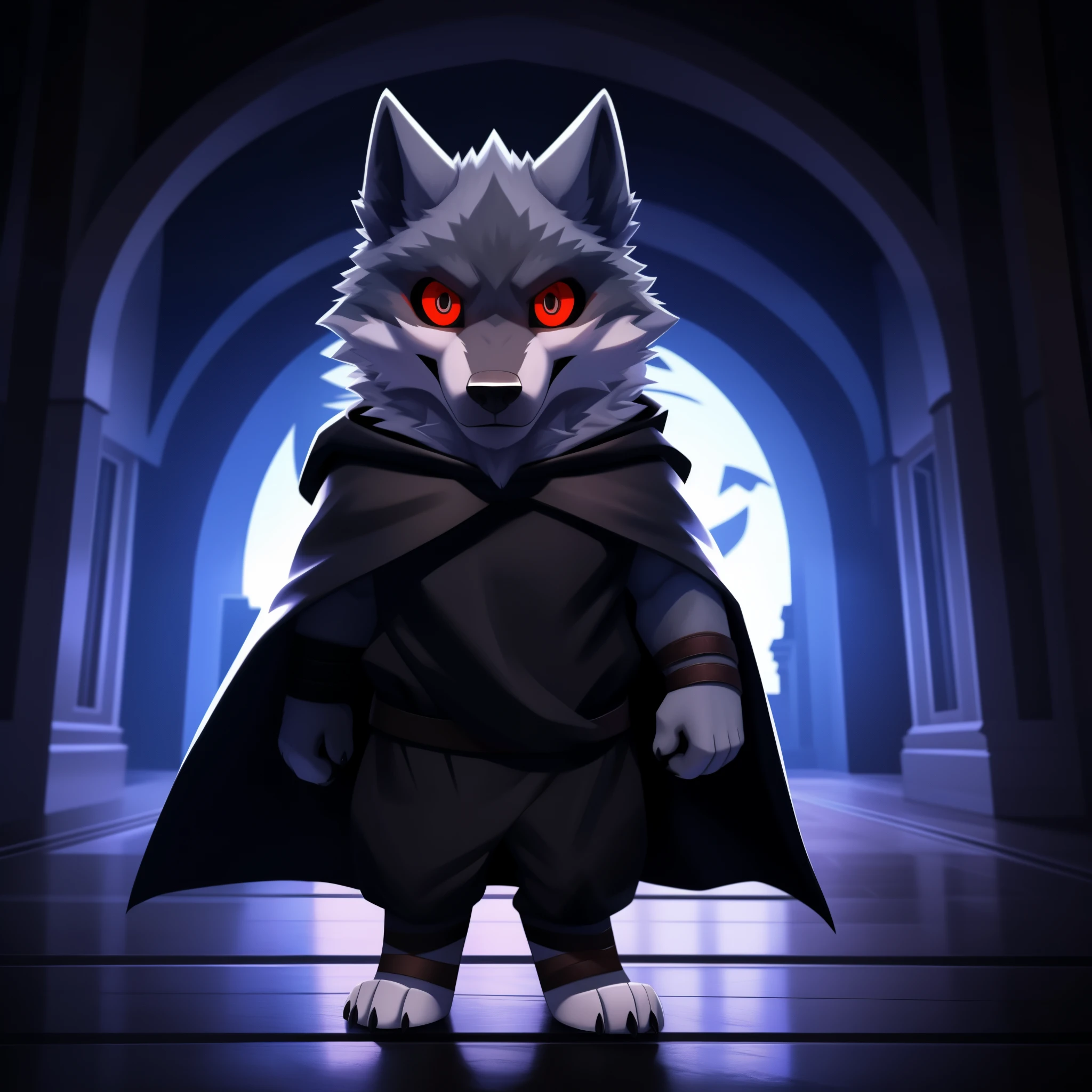 (death wolf Jr) best quality, ultra high res,1furry boy， solo，detailed eyes, volumetric lighting, amazing, finely detail, , black cloak , red eyes, black sclera, bright pupils, full body, night, indoor, chibi