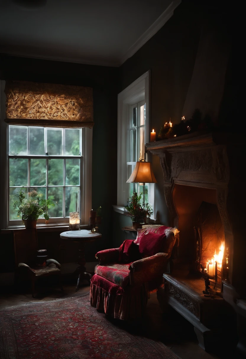 Bed in dark room one candle window curtain rainy night peace blanket cold whether chair beside the fireplace
