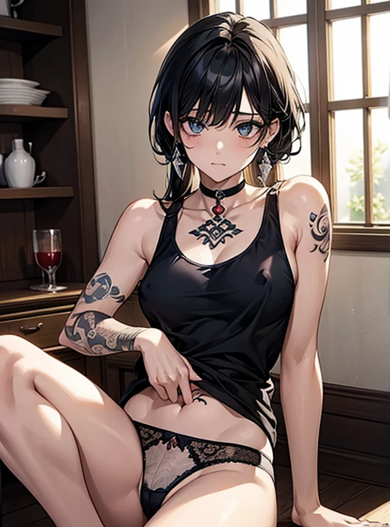 Beautiful breasts、Black Hair、Attractive breasts、Beautiful and attractive anime woman, Enchanting anime girl,Slippery、black eye、beautiful girl、、Quiet、Inconspicuous、Exposed locally.、White see-through tank top、Big Breasts、Stay in the house、Underwear is visible、Underwear is biting into、Small underwear、Shaved、Wet Skin、(On the arm)Tattoo、(For the whole body)Tattoo、(On the neck)Tattoo、Nipples、large hoop earrings、(On the legs)Tattoo、(On my back)Tattoo、(On the stomach)Tattoo、Provocative、大きい龍のTattoo、(On the face)Tattoo