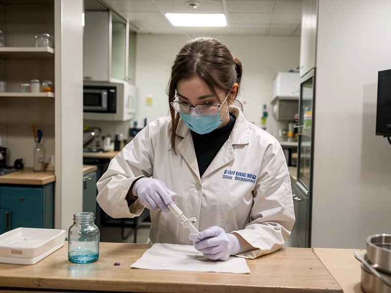 Create a realistic picture that is presented with the laboratory works. Worker wear safety protective equipment, white long-sleeved laboratory coats, blue masks, white head coverings and transparent glasses. Worker is observing chemical solution in the bakerglass and also observing bacteria in a microscope. The background is a laboratory room which looks clean and orderly. There are various analytical equipment such as burret, distillator, microwave oven, desiccator, flask, fumehood, autoclave, and spindle flocculator test jar.
