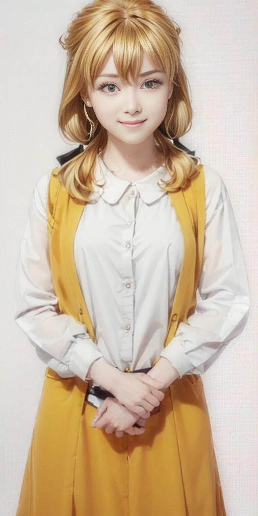 (((Plain background 1:2))) (masterpiece, high quality: 1.1) (Roxanne), 1girl, solo, twin tails, blue eyes, blonde hair, blush, surrounded by sunflowers in a bright field, smiling red cheeks with hands on hips