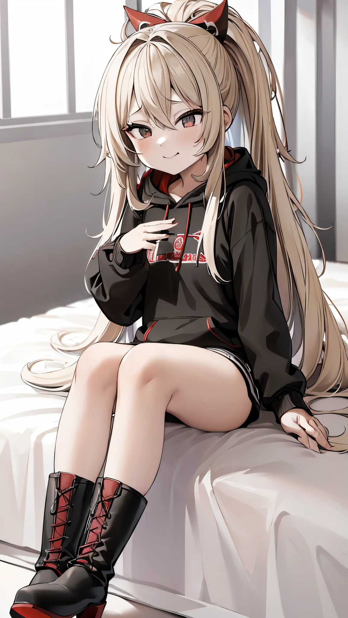 blonde、girl、Long Hair、ultra-detailed , best quality, high resolution, master piece ,beautiful eyes, cute、lovehotel,((((sitting on a bed)))), black and White hoodie、Red and black hoodie、White hoodie、((black platform boots))、perfect finger、(((boots focus))),the soles of the boots,floor on red carpet,