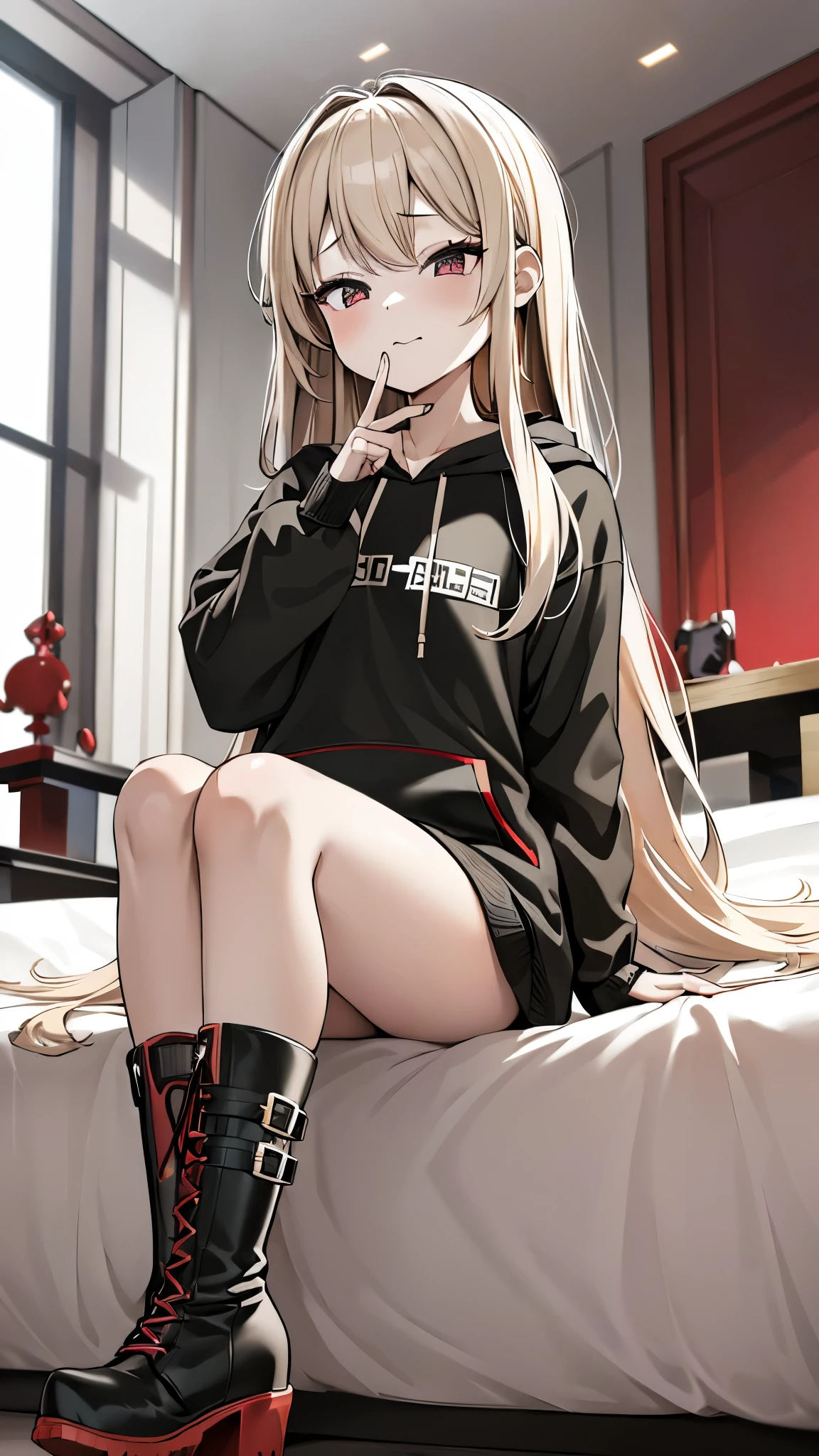 blonde、girl、Long Hair、ultra-detailed , best quality, high resolution, master piece ,beautiful eyes, cute、lovehotel,((((sitting on a bed)))), black and White hoodie、Red and black hoodie、White hoodie、((black platform boots))、perfect finger、(((boots focus))),the soles of the boots,floor on red carpet,