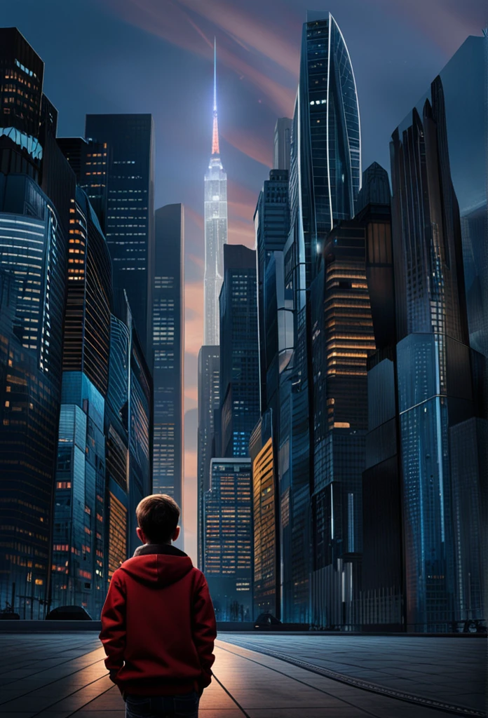 In a bustling cyberpunk city, as night falls, electronic screens flicker throughout every home and futuristic skyscrapers and streets become uniquely illuminated. In the midst of this dazzling scenery, a man looks up at the starry sky . todo lleno de imaginacion,ciencia ficcion y (intrincados detalles de la maquina).imagen fotorrealista,nitidez maxima, calidad 8k.(obra maestra de calidad superior).Boy standing before a futuristic city, 8k