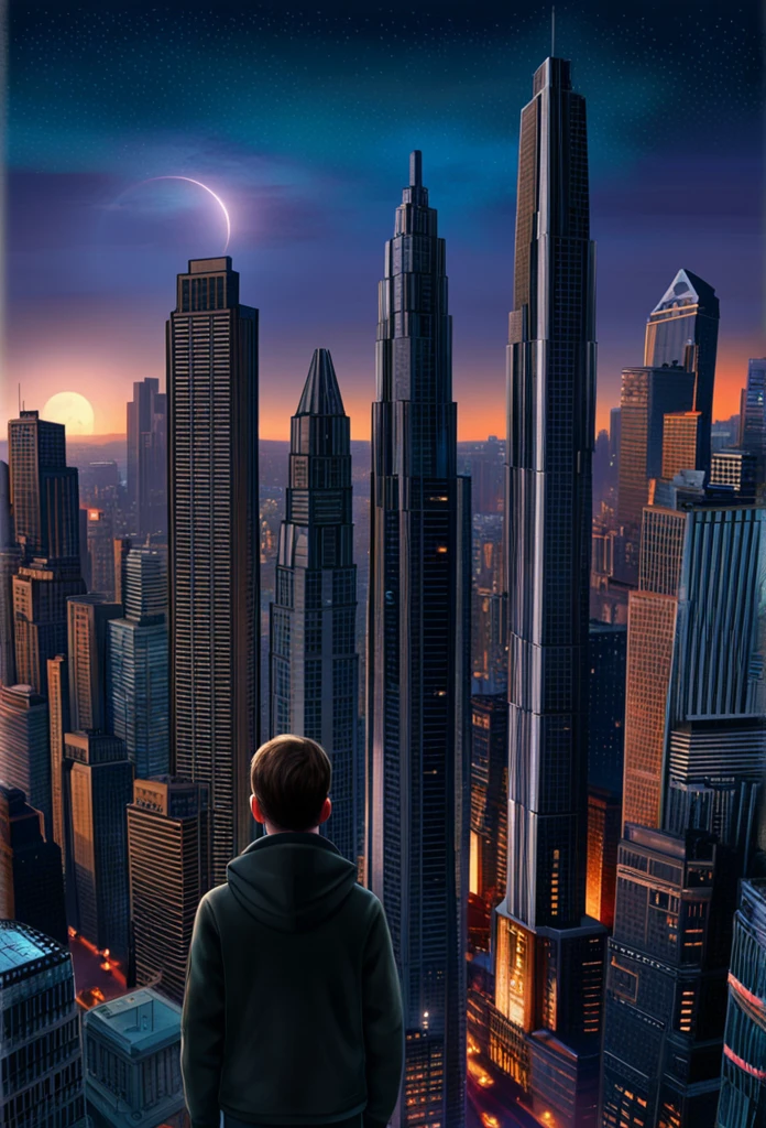 In a bustling cyberpunk city, as night falls, electronic screens flicker throughout every home and futuristic skyscrapers and streets become uniquely illuminated. In the midst of this dazzling scenery, a man looks up at the starry sky . todo lleno de imaginacion,ciencia ficcion y (intrincados detalles de la maquina).imagen fotorrealista,nitidez maxima, calidad 8k.(obra maestra de calidad superior).Boy standing before a futuristic city, 8k