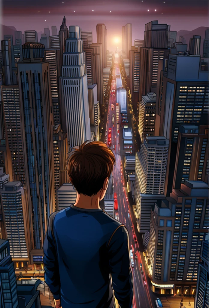 In a bustling cyberpunk city, as night falls, electronic screens flicker throughout every home and futuristic skyscrapers and streets become uniquely illuminated. In the midst of this dazzling scenery, a man looks up at the starry sky . todo lleno de imaginacion,ciencia ficcion y (intrincados detalles de la maquina).imagen fotorrealista,nitidez maxima, calidad 8k.(obra maestra de calidad superior).Boy standing before a futuristic city, 8k