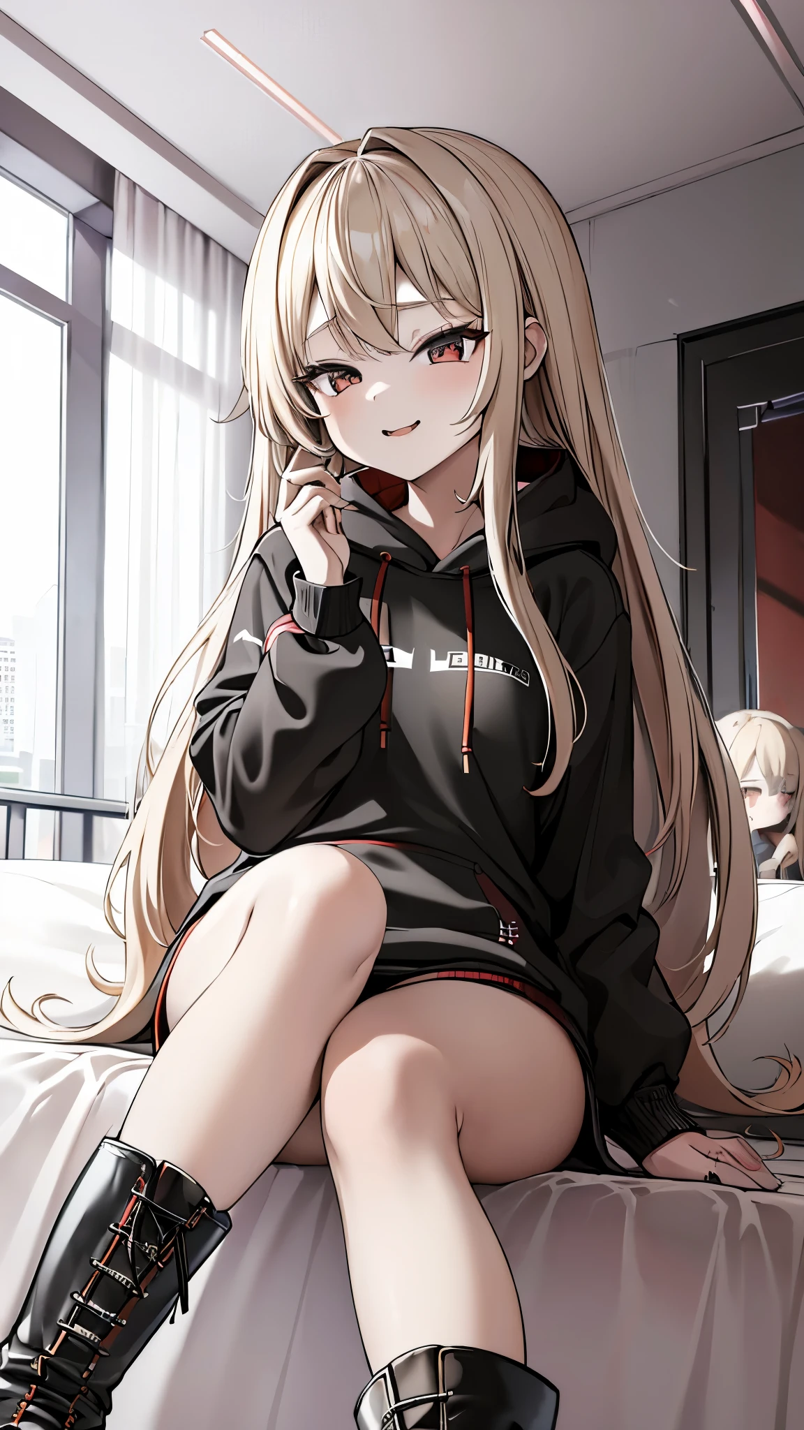 blonde、girl、Long Hair、ultra-detailed , best quality, high resolution, master piece ,beautiful eyes, cute、lovehotel,((((sitting on a bed)))), black and White hoodie、Red and black hoodie、White hoodie、((black platform boots))、perfect finger、(((boots focus))),the soles of the boots,floor on red carpet,