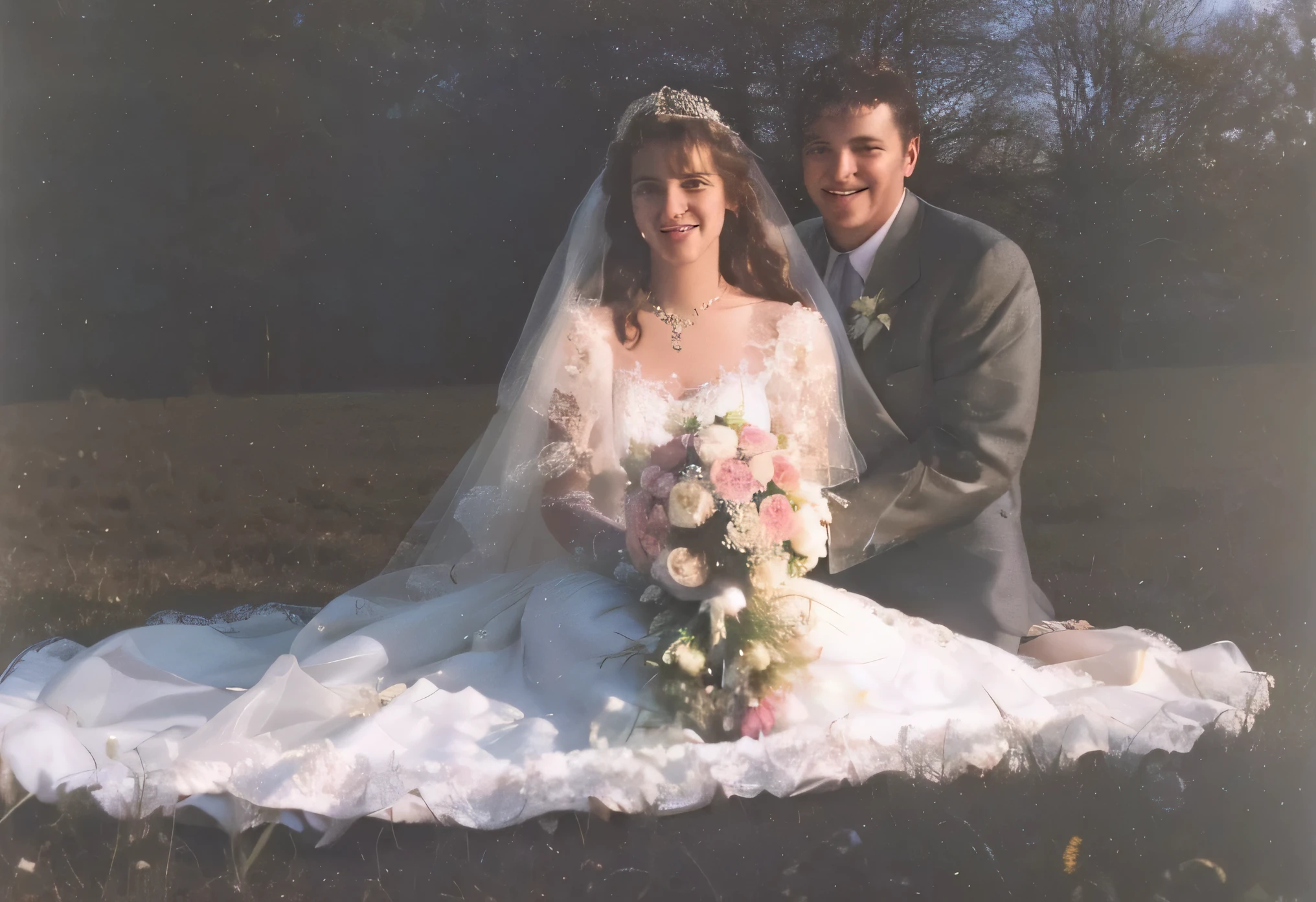 bride and groom posing for a picture in a field with a bouquet, court archive images, dressed in a medieval lacy, 1990's photo, wedding photo, home video footage, wearing organza gown, taken in the early 1990s, disposable camera photograph, celebrating an illegal marriage, grainy damaged photo, the second… like a calf
