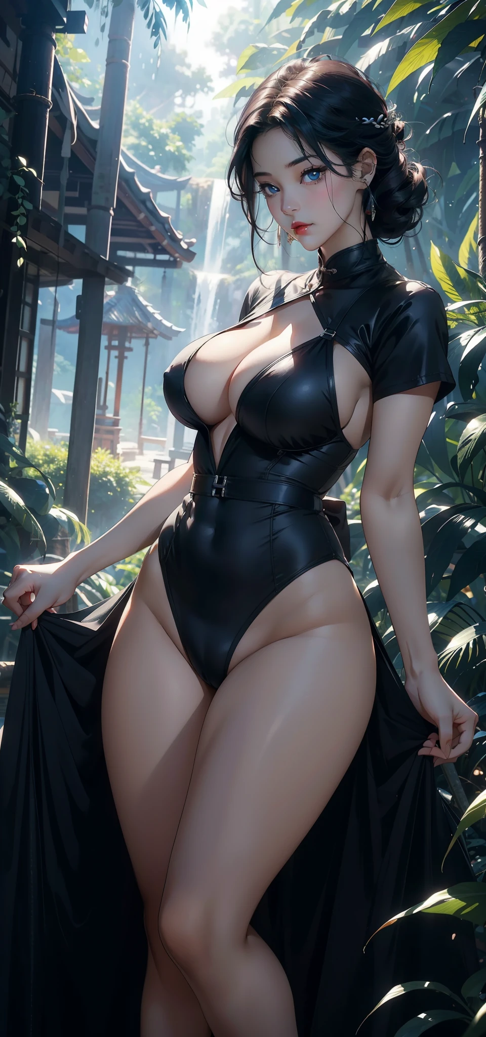 1 female，45 years old，Large Breasts，Long legs，Big breasts and thin waist， 照片曝Light，（background：In the woods，Rainforest，In the summer，Strong wind） She has short black hair，，curls，Red lips，stand up，Front view， OK， Gloomy sky，（（（masterpiece），（Highly detailed CG Unity 8k wallpaper），最OK质量，Light，详细background，Beautiful blue eyes，（Very delicate and beautiful），（Beautiful and detailed description of the eyes），Super detailed，masterpiece，）），face camera，high resolution，Super detailed），Exposing breasts，Exposing genitals， Convex，Camel toe，Sexy bulge，Nurse（wear：Nurse服）