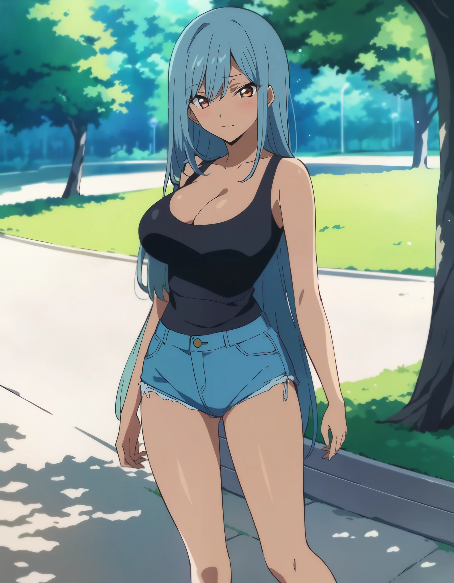 score_9, score_8_up, score_7_up, score_6_up, score_5_up, score_4_up, BREAK, masterpiece, best quality, source_anime, anime screencap, anime coloring, BREAK, 1girl, long hair, large breasts, cleavage, light smile, looking at viewer, cowboy shot, outdoors, park, denim hotpants, white tanktop, BREAK